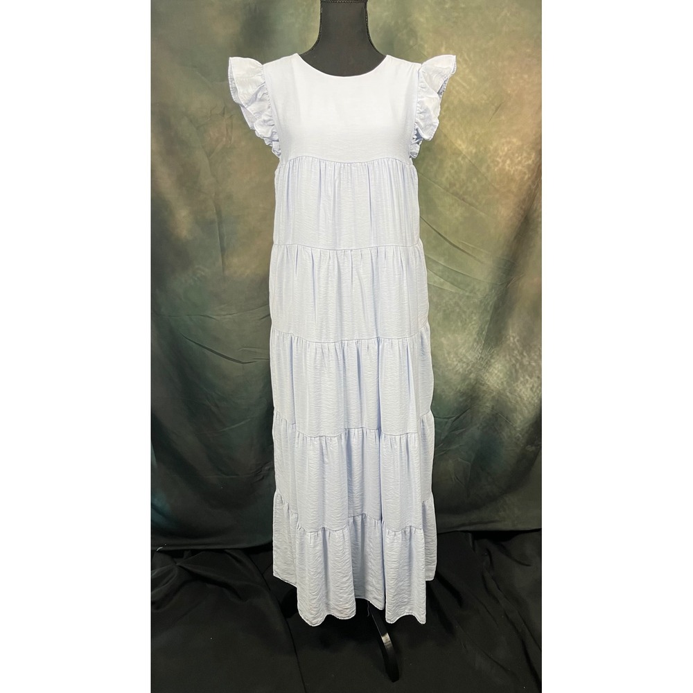 English Factory Light Blue Ruffle Tiered Maxi Dress Sleeveless Tie Back Medium